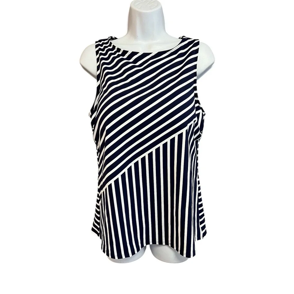 Lands End 14D Swimsuit‎ Tankini Tank Top Navy Blue Stripe High Neck UPF50 NWOT